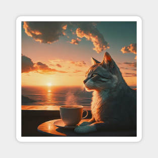 funny cat watching sunset with coffee, funny cats and coffee, cats lover Magnet