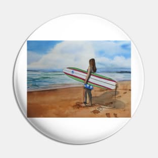 Girl with Surfboard at the Beach Pin