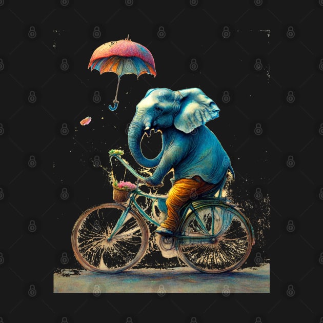 An elephant on a bicycle, holding an umbrella. by DesignersPrints2023