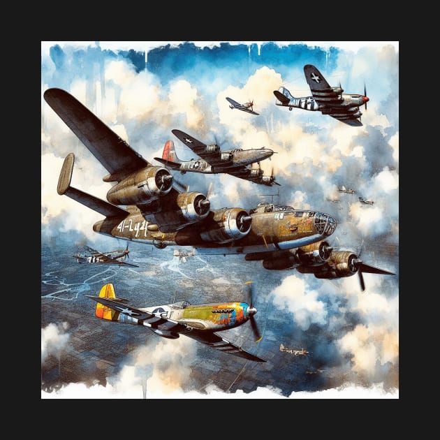 Fantasy illustration of WWII aircraft in battle by WelshDesigns