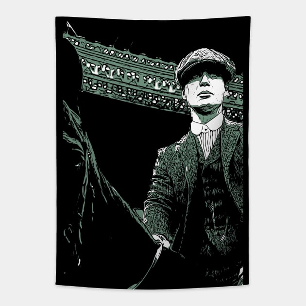 Thomas Shelby sits on his black horse with hat and suit as abstract comic graphic peaky blinders Tapestry by ComicPrint
