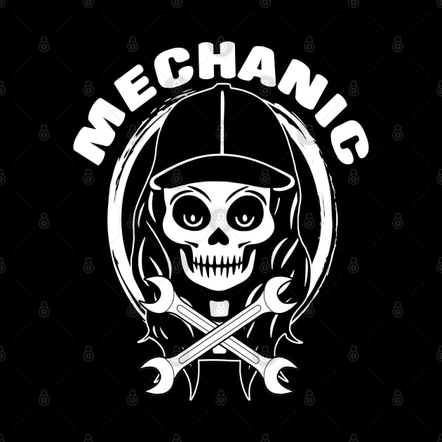 Female Mechanic Skull and Spanners White Logo by Nuletto