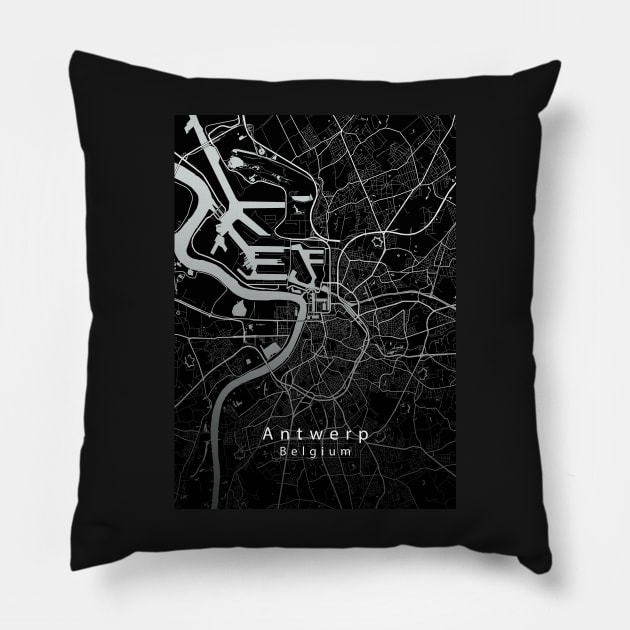 Antwerpen Belgium City Map dark Pillow by Robin-Niemczyk