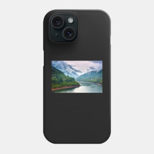 Lake in the mountains on a foggy day Phone Case