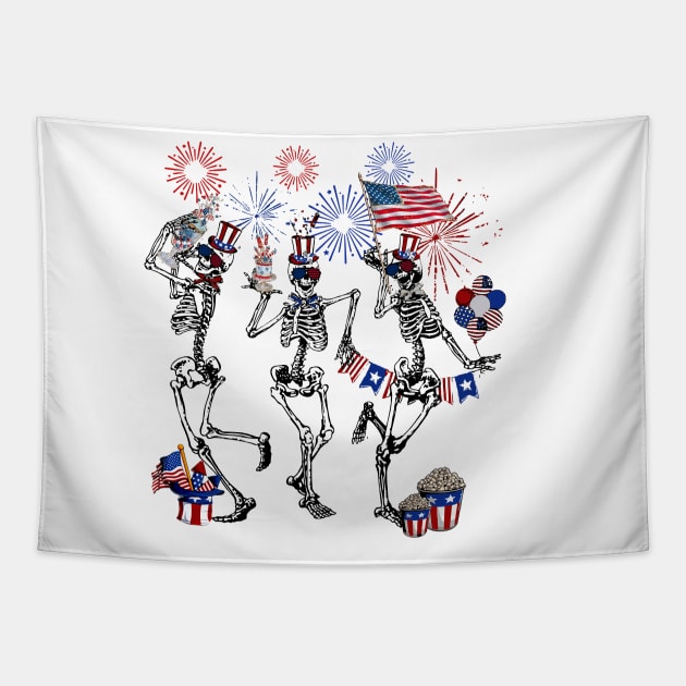 4th of July Skellies, Dancing Skeleton, American Flag, Red White Blue Tapestry by artbyGreen