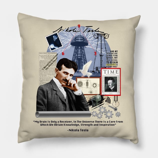 Nikola Tesla Collage LT Pillow by Nirvanax Studio