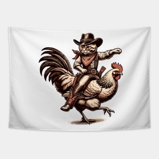 Meowdy Cowboy Cat Riding Chicken Tapestry