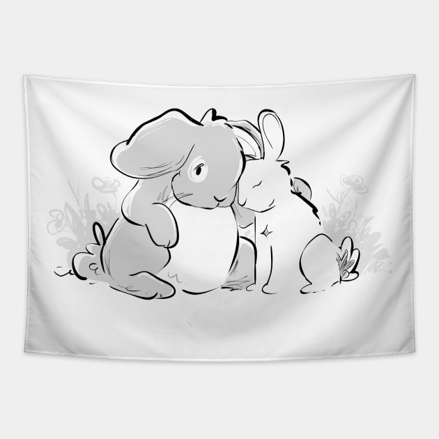 Bunny Cuddles Tapestry by Jason's Doodles