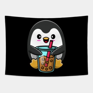 Cute Penguin Loves Bubble tea Tapestry