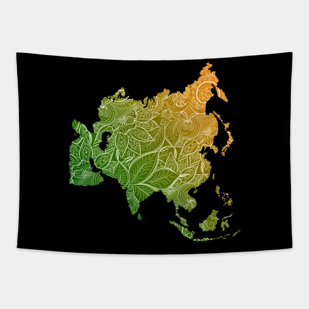 Colorful mandala art map of Asia with text in green and orange Tapestry by Happy Citizen