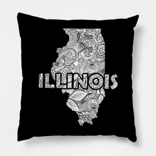 Mandala art map of Illinois with text in white Pillow