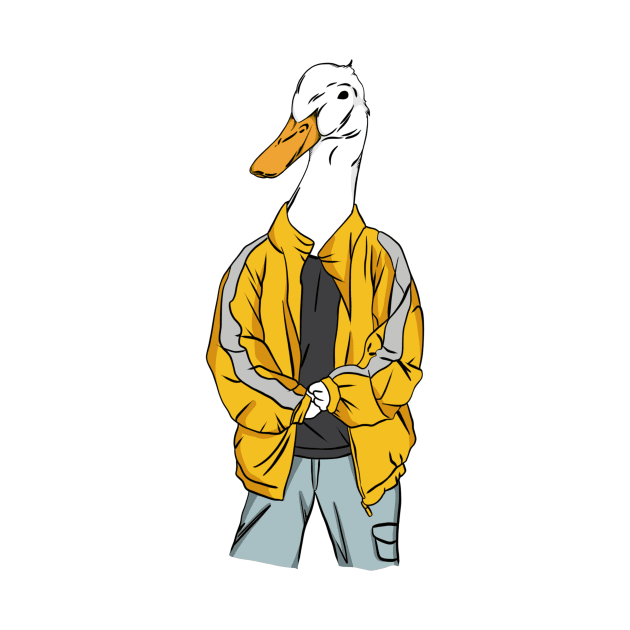 white duck on yellow trainee jacket by stickersnesia