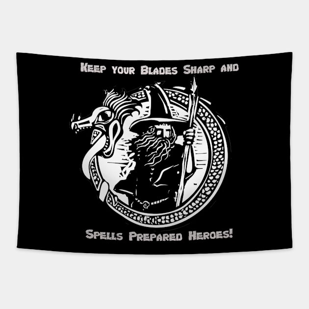 Keep Your Blades Sharp and Spells Prepared Heroes! Tapestry by Crit Academy