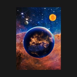 The earth planet in the space with wonderful colors of galaxy nasa webb telescope with the sun, the moon and shiny stars in the sky T-Shirt