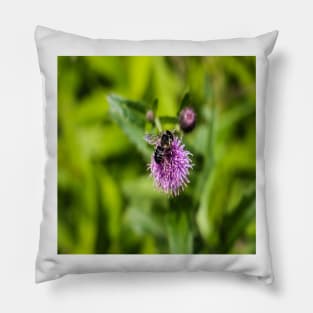 A Bee on a Purple Flower Pillow