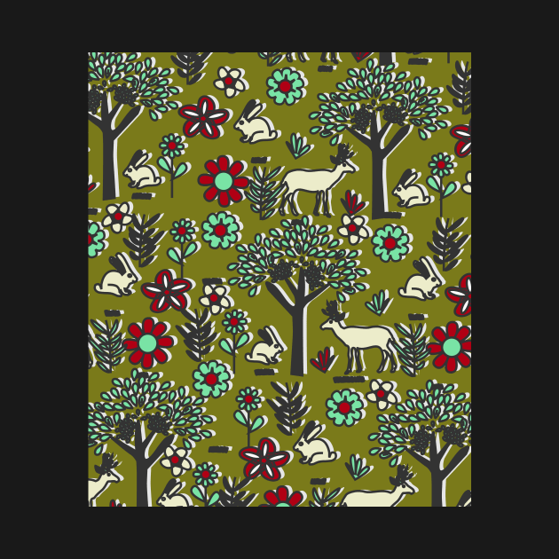 Joyful orchard with bunnies and deer by cocodes