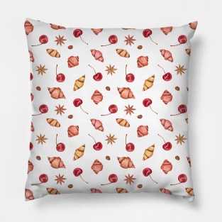 Croissants and cherries pattern on white Pillow