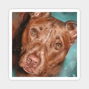 Painting of a Beautiful Red Nose Pit Bull With Soulful Eyes, on Bluish Green Background Magnet