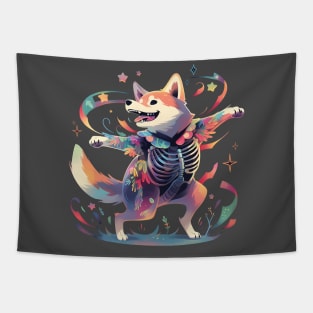 Dancing Skeleton Rainbow Shiba Tapestry