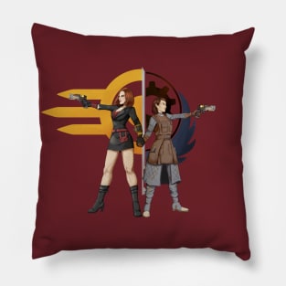 Beth & Odessa Hero Pose (with Logos) Pillow