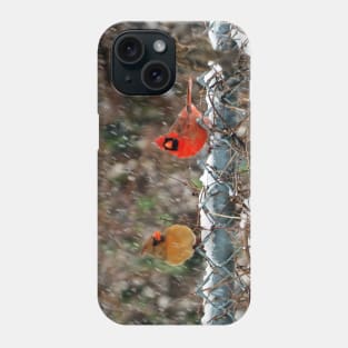 Winter Male and Female Cardinals Sitting On A Fence In A Snowstorm Phone Case