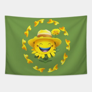 Smiley face in a yellow hat with a flower. Tapestry