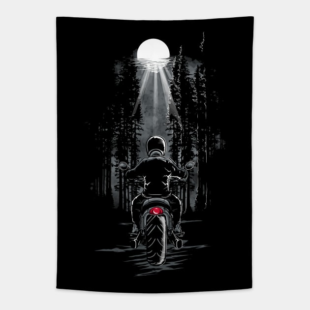 Forest Ride at Night: Motorcycling Design Tapestry by Jarecrow 