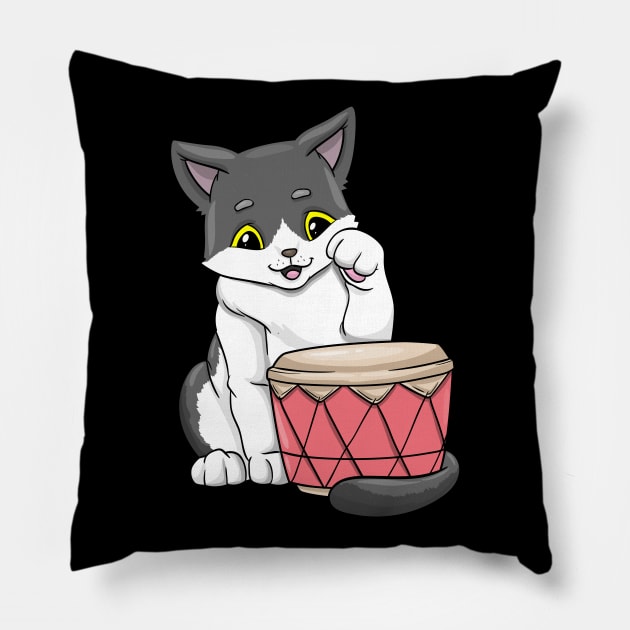 Beautiful cat is playing the drum Pillow by Markus Schnabel