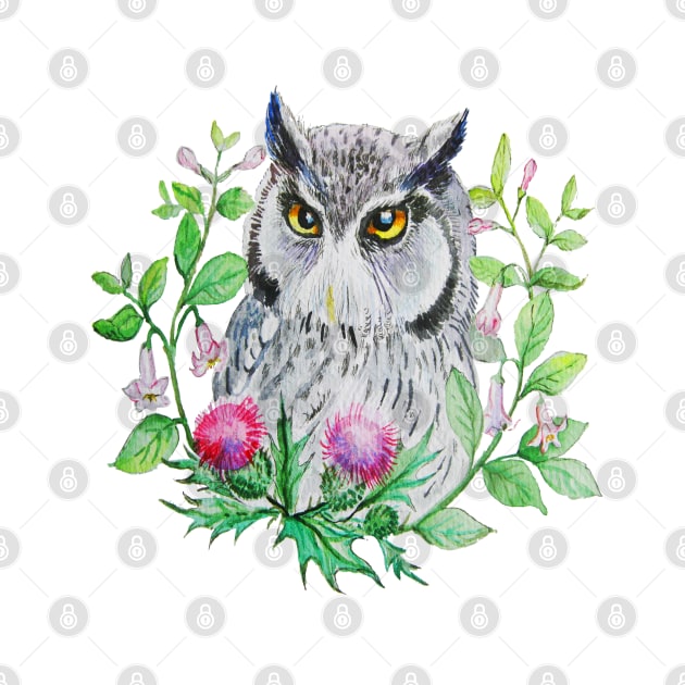 Owl and the Thristle flower by Redilion