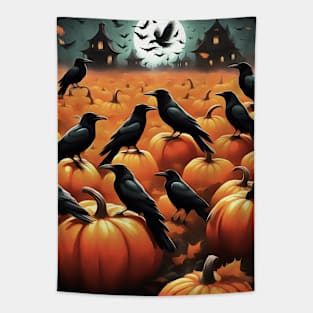 Halloween Ravens In A Haunted Pumpkin Patch Tapestry