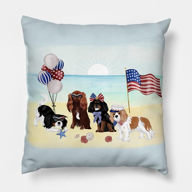 Patriotic Cavalier King Charles Spaniels, All Four Colors Pillow by Cavalier Gifts