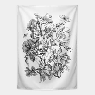 Rose Flower and Butterflies Black & White Vintage Illustration Tapestry