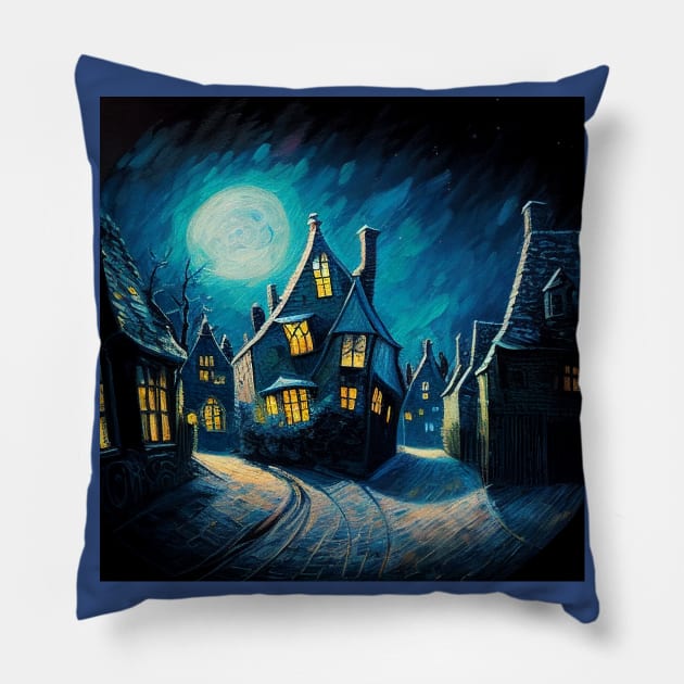 Starry Night Over Hogsmeade Village Pillow by Grassroots Green