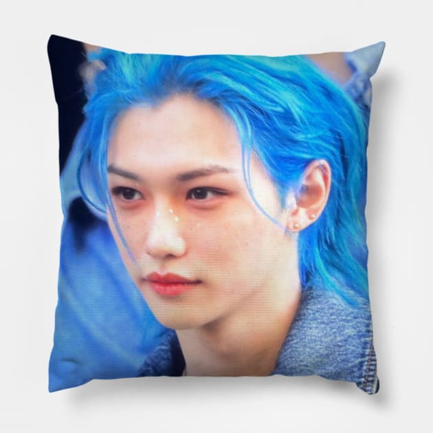 Kpop Stray Kids Felix Blue Aesthetic Pillow by StarBunnyDesigns