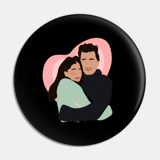 cute couple hugging with pink heart in backgorund, vector illustration, without face, Pin