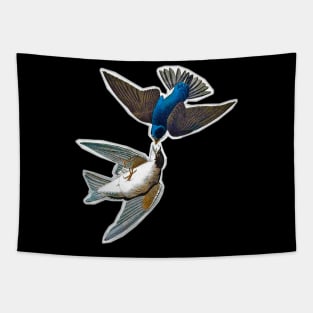 Two little birds flying free in the sky. Vintage colorful design. Tapestry