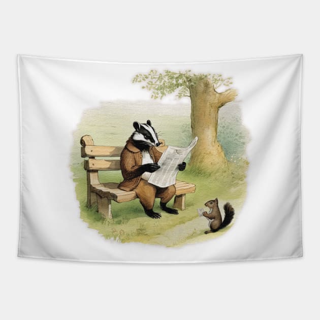 badger sitting on a bench reading a newspaper Tapestry by JnS Merch Store