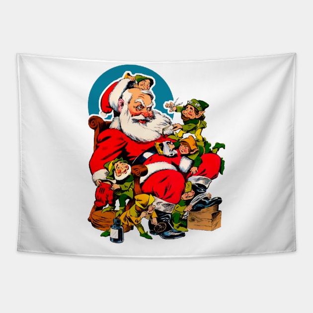 Santa Claus with his hardworking green elves Tapestry by Marccelus