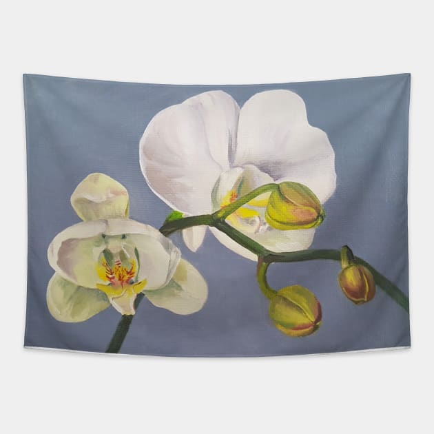 Phaelenopsis - moth orchid on blue Tapestry by EmilyBickell