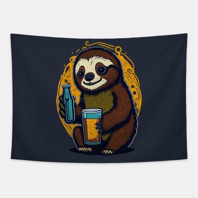 Cute Cartoonish Sloth With Beer Mug Tapestry by likbatonboot