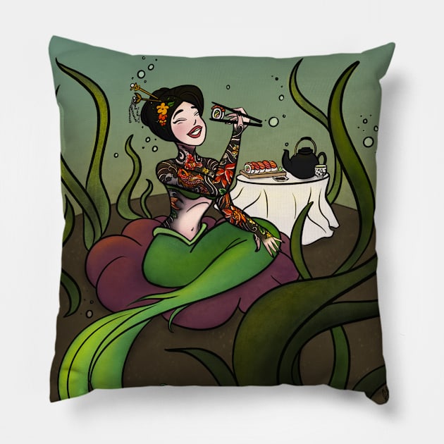 Mermaid Sushi Lunchbreak Pillow by angrymuffinstudio