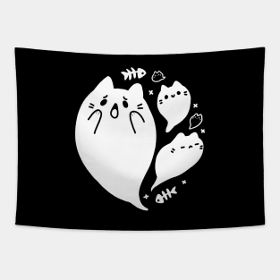 Halloween Ghost Cat Minimal White Tapestry