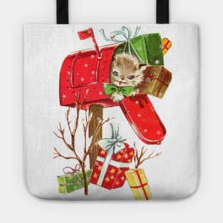 Vintage Christmas Kitten in a Mailbox Tote