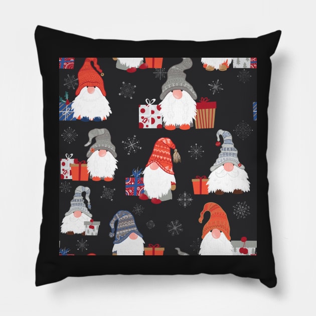 Christmas Gnomes with Snowflakes and Presents on Dark Grey Pillow by NattyDesigns