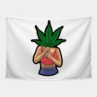 Illustration woman holding marijuana leaf Tapestry