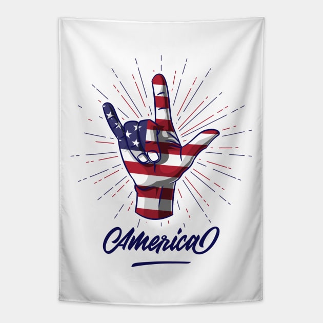 I Love You Hand Sign Gesture USA American Flag Cute Tapestry by teeleoshirts