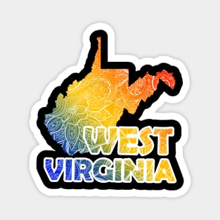 Colorful mandala art map of West Virginia with text in blue, yellow, and red Magnet