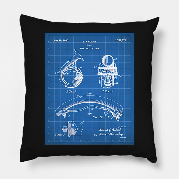 Brass Band Horn Patent - Musician Wind Instrument Art - Blueprint Pillow by patentpress