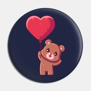 Cute brown bear holding love balloon Pin