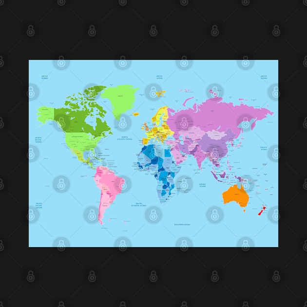 Bright World map listing capital cities by EverlastingJourneys